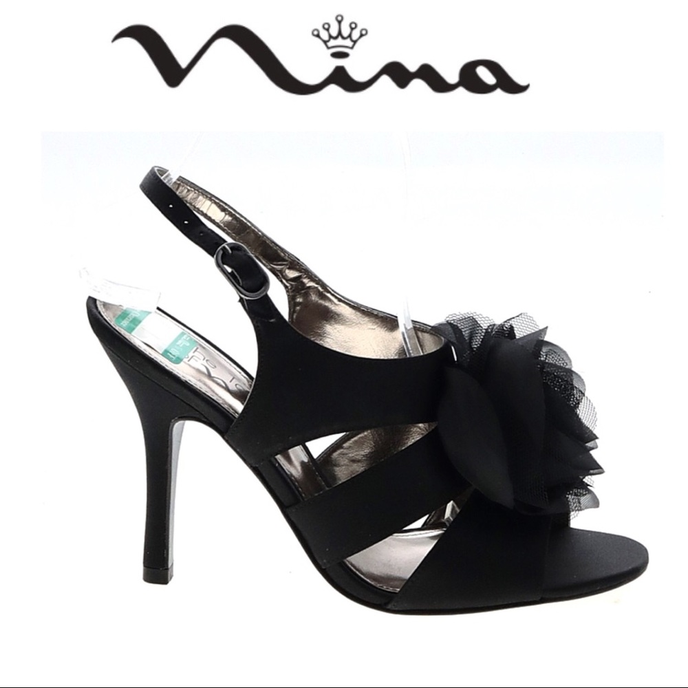 NINA BLACK SATIN STRAPPY SLINGBACK HEELS SIZE 8.5 CARLINA